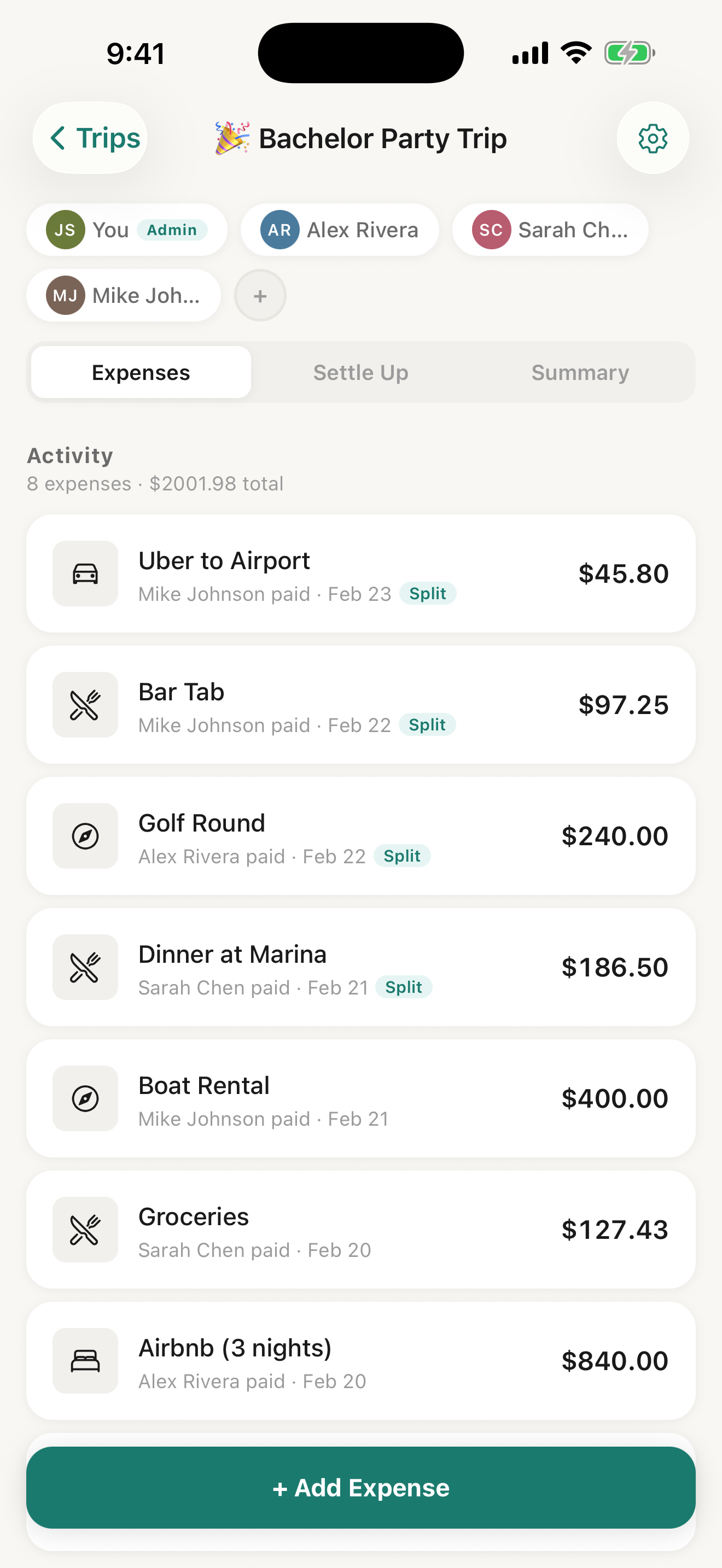 Expense list showing group expenses